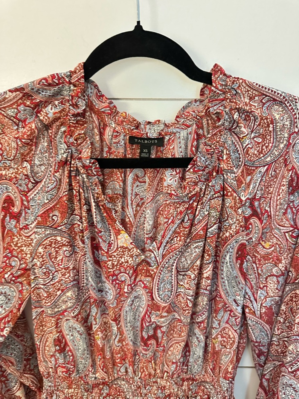 Talbots XS sprinkle paisley split ruffle detail tie arm neck soft midi dress - Picture 8 of 16